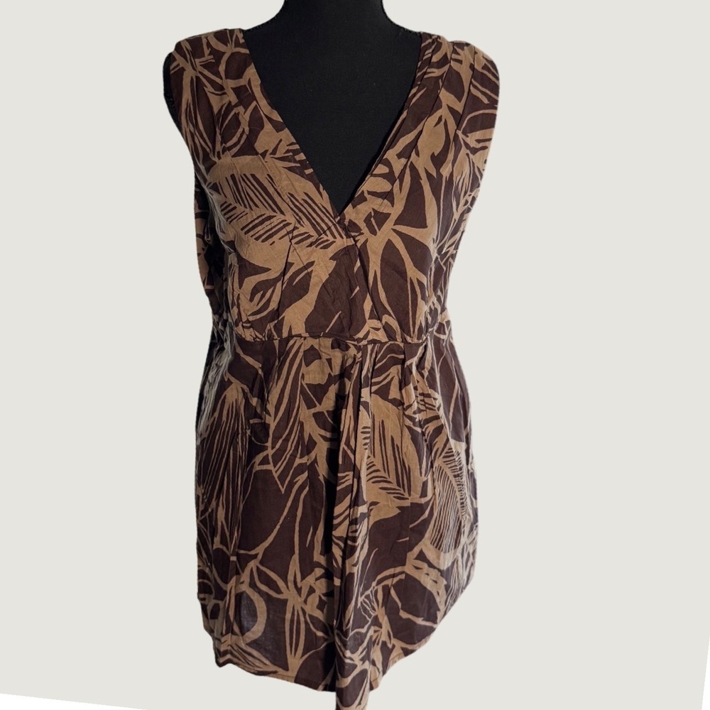 a.n.a A New Approach Brown Tropical Leaf Print V-Neck Empire Waist Tunic Large
